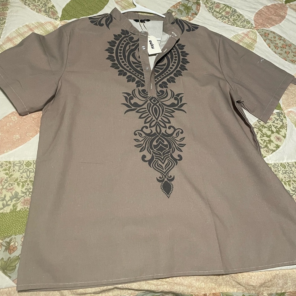 Men’s ouku short sleeve ethnic linen summer travel beach shirt NWT size medium